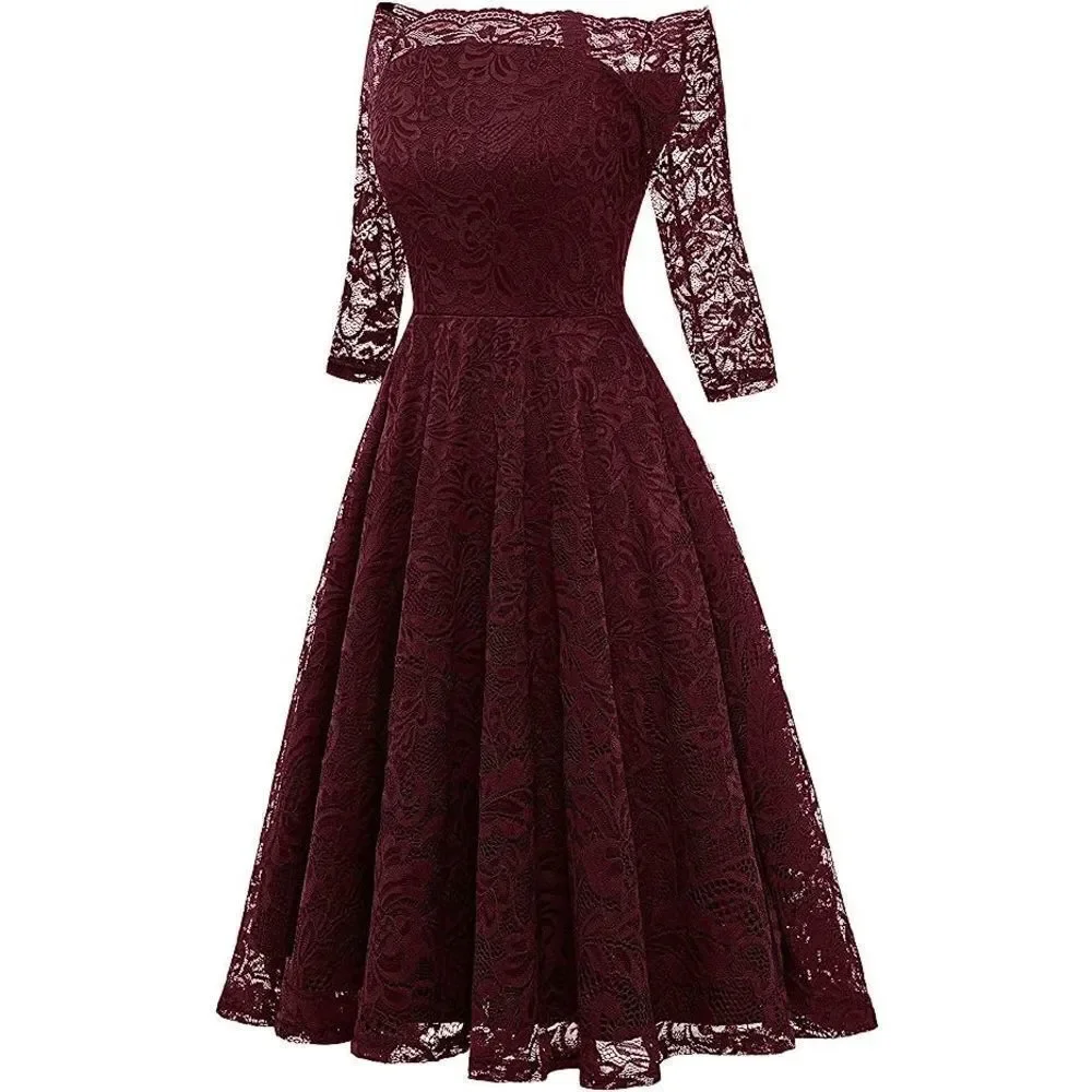 NWT Off Shoulder 3/4 Sleeve Retro Lace Cocktail Formal Bridesmaid Dress SIZE M